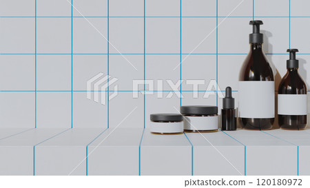 Blank cosmetic containers for cream and liquids. Jars, tubes, and bottles with dispensers on white and blue tiles, 3d render 120180972