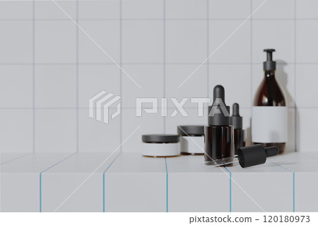 Skincare dropper bottle mock-up with white tile background, 3d 120180973