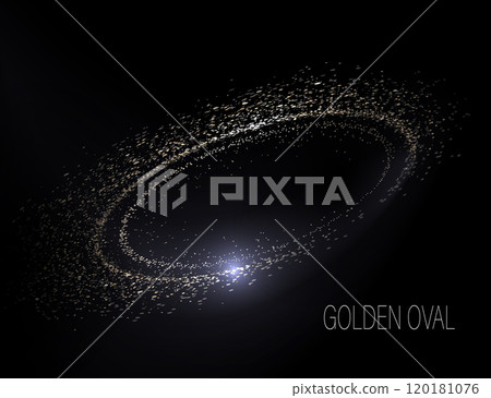 Isolated gorgeous golden oval frame with sparkling tinsel on black background 120181076