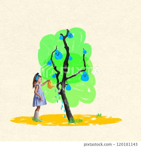 Young girl watering a tree with cartoon-like water drops, symbolizing nurturing and care. Contemporary art collage. Drink more water. Young girl watering a tree with cartoon-like water drops, symbolizing nurturing and care. Contemporary art collage. Drink more water. 120181143