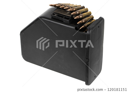 5.56 mm ammunition belt with cartridges in ammunition box 5.56 mm ammunition belt with cartridges in ammunition box 120181151