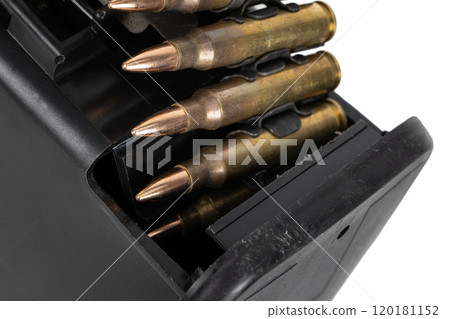 5.56 mm ammunition belt with cartridges in ammunition box 5.56 mm ammunition belt with cartridges in ammunition box 120181152