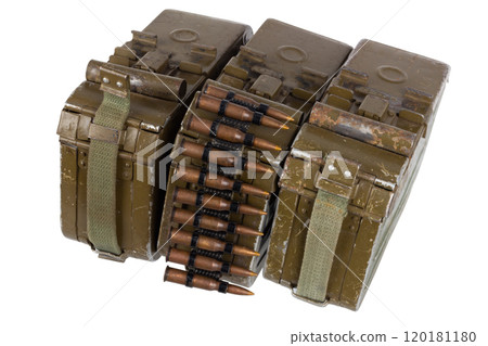 Ammo boxes with ammunition belt and 7.62 mm cartridges for kalashnikov PK or PKM machine gun isolated on white. 120181180