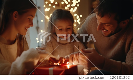 A young girl smiles with delight as she opens a gift with her parents in a warm and cozy home 120181292