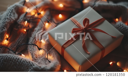 A white gift box with an orange ribbon sits on a soft blanket surrounded by warm string lights 120181350