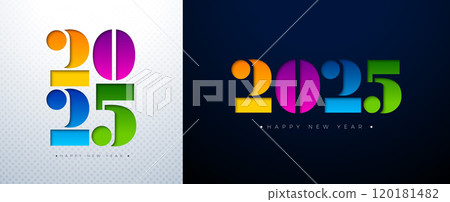 Happy New Year 2025 Illustration Set with Colorful Typography Lettering on White and Dark Background. Holiday Design for Flyer, Banner, Greeting Card, Celebration Poster, Party Invitation, Calendar 120181482