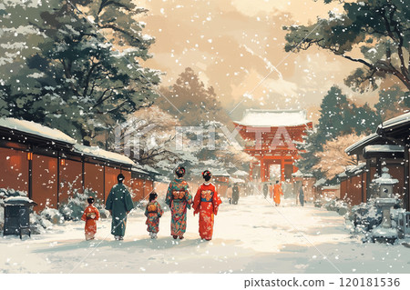 Family first visit to the shrine | A calm New Year illustration that evokes Japanese tradition Family first visit to the shrine | A calm New Year illustration that evokes Japanese tradition 120181536