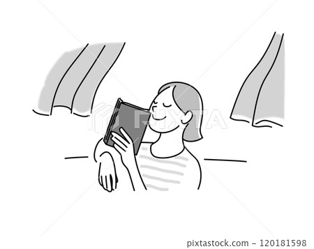 A woman imagining while reading a book 120181598