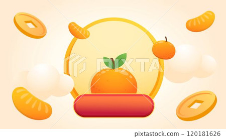 Chinese New Year style poster for online shopping or commercial advertising, gold coins with oranges and wealth, golden border 120181626