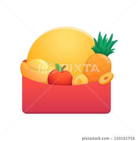 Chinese New Year, pineapple and apple with gold ingot and coins, template for commercial advertising or online shopping Chinese New Year, pineapple and apple with gold ingot and coins, template for commercial advertising or online shopping 120181758