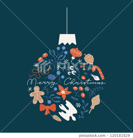 Merry Christmas, Happy New Year greeting card, poster, background, holiday cover. Modern flat winter abstract design with holly, dove, ginger bread. Corporate minimalist vector toy. 120181829