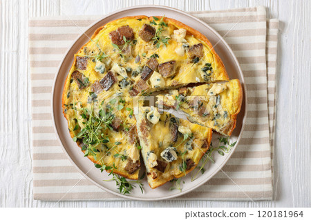 omelette with blue cheese, rye croutons and thyme omelette with blue cheese, rye croutons and thyme 120181964