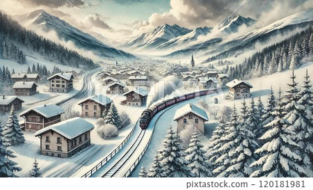 描繪日本冬季風景的水彩風格插圖 描繪日本冬季風景的水彩風格插圖 120181981
