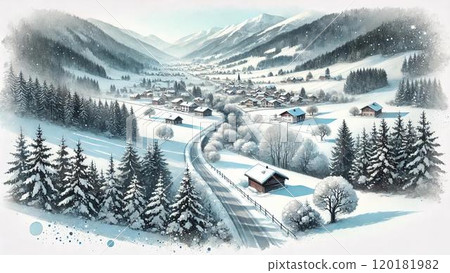 Watercolor-style illustration of winter scenery in Japan 120181982