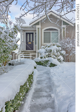 Cleaned pathway to the family residential house over front yard in snow Cleaned pathway to the family residential house over front yard in snow 120182011