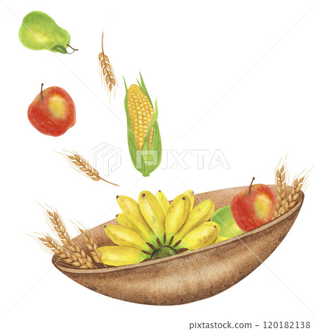 Wooden bowl with harvest crop bunch yellow bananas, corn, wheat, apple pear. Thanksgiving, Kwanzaa festival card. Hand drawn watercolor illustration isolated background. For design postcard, stickers Wooden bowl with harvest crop bunch yellow bananas, corn, wheat, apple pear. Thanksgiving, Kwanzaa festival card. Hand drawn watercolor illustration isolated background. For design postcard, stickers 120182138