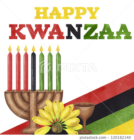 Postcard Kwanzaa. African-American holiday. Kinara, seven burning candles, red black green cup harvest. Hand drawn watercolor illustration isolated background. For congratulations and invitations Postcard Kwanzaa. African-American holiday. Kinara, seven burning candles, red black green cup harvest. Hand drawn watercolor illustration isolated background. For congratulations and invitations 120182140