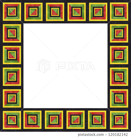 Kwanzaa square frame traditional African tribal patterns, red black green yellow art. Black history month. Juneteenth. Hand drawn watercolor illustration isolated background. Place for text. Kwanzaa square frame traditional African tribal patterns, red black green yellow art. Black history month. Juneteenth. Hand drawn watercolor illustration isolated background. Place for text. 120182142
