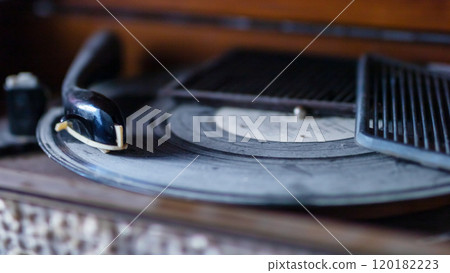 A detailed closeup of a record player featuring a vinyl record on it A detailed closeup of a record player featuring a vinyl record on it 120182223