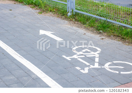 A designated bicycle lane featuring an arrow that indicates right 120182343