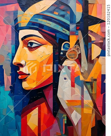 Abstract poster with mosaic pieces of ancient Egyptian woman in profile. Unusual, bright, psychedelic background. 120182415