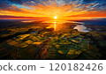 Sunset over fields and rivers, bird's eye view, green patches of seeded fields on vibrant horizon with sunshine. Beautiful, oil painting style background 120182426