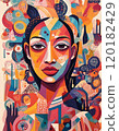 Abstract psychedelic modern illustration. Face of a beautiful woman. Poster with aboregen's strange faces. Authentic background 120182429