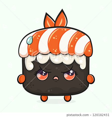 Cute angry Sushi character. Vector hand drawn cartoon kawaii character illustration icon. Isolated on light green background. Sad Sushi character concept Cute angry Sushi character. Vector hand drawn cartoon kawaii character illustration icon. Isolated on light green background. Sad Sushi character concept 120182431