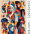 Abstract psychedelic modern illustration poster with weird aboriginal faces and masks. Authentic background 120182432