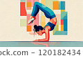 Woman in yoga pose. Sharp geometric shapes, vibrant colors for poster or design of sports section 120182434