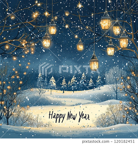 Winter path illuminated by lanterns in snowy forest at night Winter path illuminated by lanterns in snowy forest at night 120182451