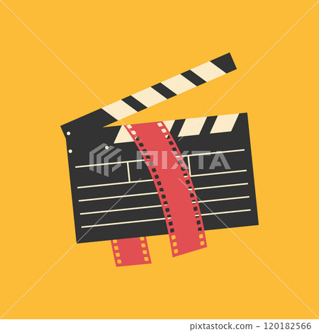 Clapper board, film slate with filmstrip in it. Filmmaking equipment emblem. Cinema symbol. Vector illustration 120182566