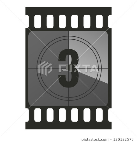 Countdown filmstrip frame piece with number three. Retro cinema movie timer counter. Vector illustration 120182573