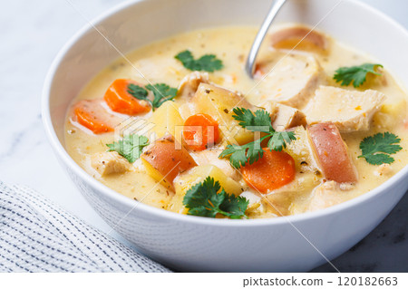 Chicken breast stew with potatoes and carrots in white bowl. Comfort food concept. Chicken breast stew with potatoes and carrots in white bowl. Comfort food concept. 120182663