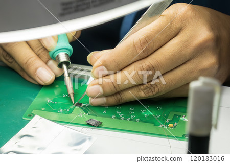 Close up scene the soldering operation by skill operator. Close up scene the soldering operation by skill operator. 120183016