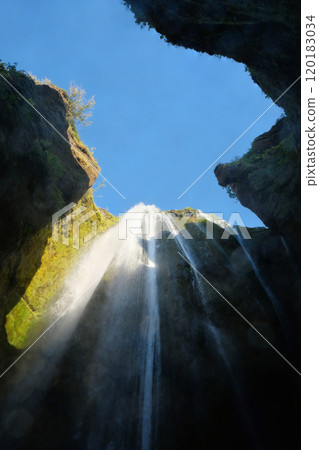 Bottom view of waterfall in canyon in Iceland 120183034