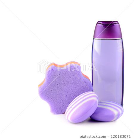 Lavender shampoo and soap isolated on white. Free space for text. 120183071