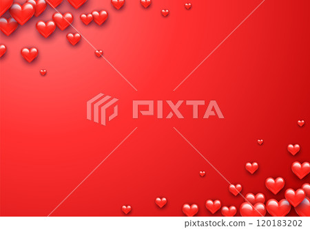 Valentine's Day greeting card with red hearts flying scattered over background. Symbol of love and spring, sprayed Valentine's Day greeting card with red hearts flying scattered over background. Symbol of love and spring, sprayed 120183202