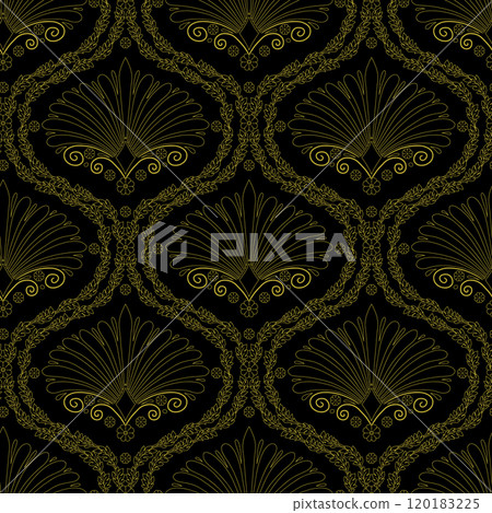 Seamless pattern with golden anthemion floral motifs on a black background 120183225