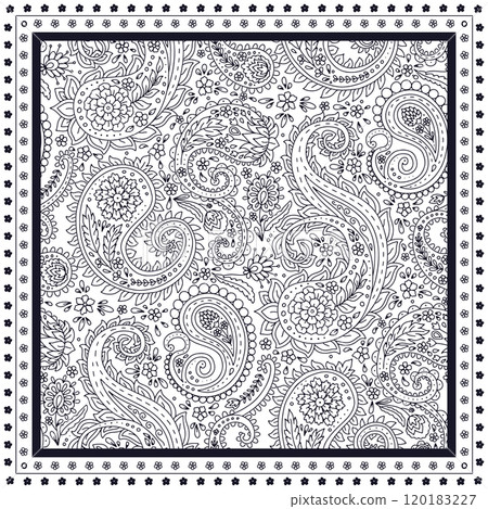 Floral scarf design with monochrome paisley motifs Floral scarf design with monochrome paisley motifs 120183227