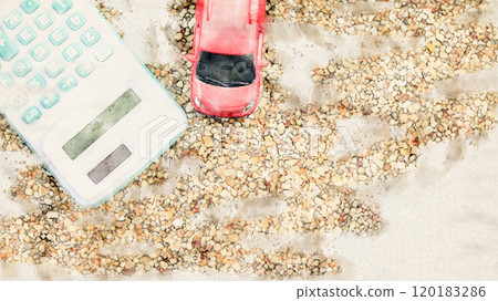 Painting of model car and calculator are on the exposed aggregate concrete background. Planning of saving for buying car, car loan and car insurance concept. 120183286