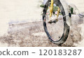 Painting of a flat tire wheel of bicycle parking on concrete sidewalk beside a road, need to be repaired, the moment of stillness and an unexpected pause in a journey. 120183287