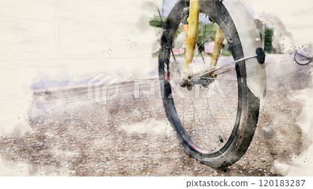 Painting of a flat tire wheel of bicycle parking on concrete sidewalk beside a road, need to be repaired, the moment of stillness and an unexpected pause in a journey. 120183287
