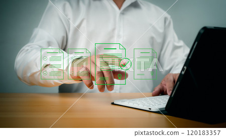 Document management man signs an electronic document on digital document by virtual notebook screen, E-document management Paperless workplace, E-signing, Electronic signature. Document management man signs an electronic document on digital document by virtual notebook screen, E-document management Paperless workplace, E-signing, Electronic signature. 120183357