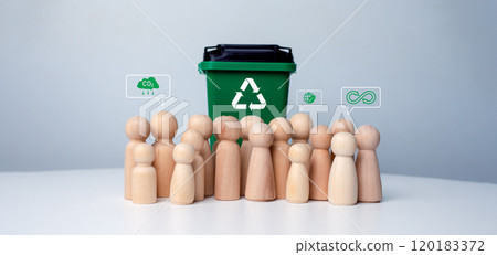 Wooden dolls show the concept of environmental conservation and recycling, Waste sorting and sustainability concept, Recycle, Sustainable living and environmentally friendly habits concept. Wooden dolls show the concept of environmental conservation and recycling, Waste sorting and sustainability concept, Recycle, Sustainable living and environmentally friendly habits concept. 120183372