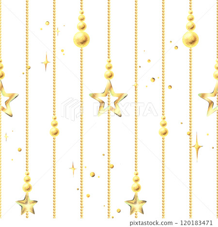 Beads gold with hanging stars vertical stripes with twinkling stars. Christmas, New Year, winter watercolor illustration hand drawn. Seamless simple geometric pattern on white background. Beads gold with hanging stars vertical stripes with twinkling stars. Christmas, New Year, winter watercolor illustration hand drawn. Seamless simple geometric pattern on white background. 120183471