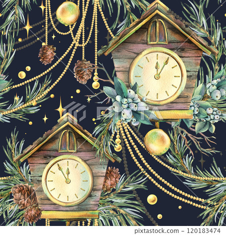 Wooden house clock with cuckoo, pine branches and cones, snowberry, golden beads, sparkling stars. Christmas, New Year watercolor illustration. Seamless pattern on the background of the night sky 120183474