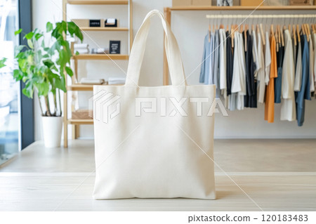 A white canvas tote bag is prominently positioned within a stylish clothing store, surrounded by hanging clothes. 120183483