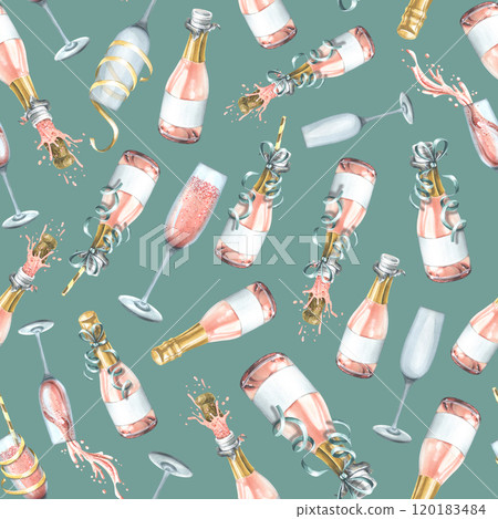 Bottles and glasses with pink champagne, with festive ribbons. Watercolor illustration. Seamless pattern on a turquoise background from a large set of HAPPY BIRTHDAY. For congratulations and gifts. Bottles and glasses with pink champagne, with festive ribbons. Watercolor illustration. Seamless pattern on a turquoise background from a large set of HAPPY BIRTHDAY. For congratulations and gifts. 120183484