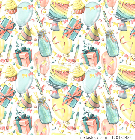 Bright, cheerful, festive, seamless pattern with champagne, cake, gifts, balloons and confetti, flags. Watercolor illustration from the HAPPY BIRTHDAY collection. For packaging paper design. Bright, cheerful, festive, seamless pattern with champagne, cake, gifts, balloons and confetti, flags. Watercolor illustration from the HAPPY BIRTHDAY collection. For packaging paper design. 120183485